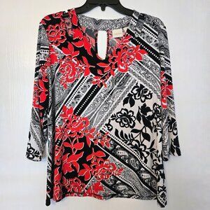 Chico's red and black mixed pattern 3/4 tunic top with cut-out features Size 2/L